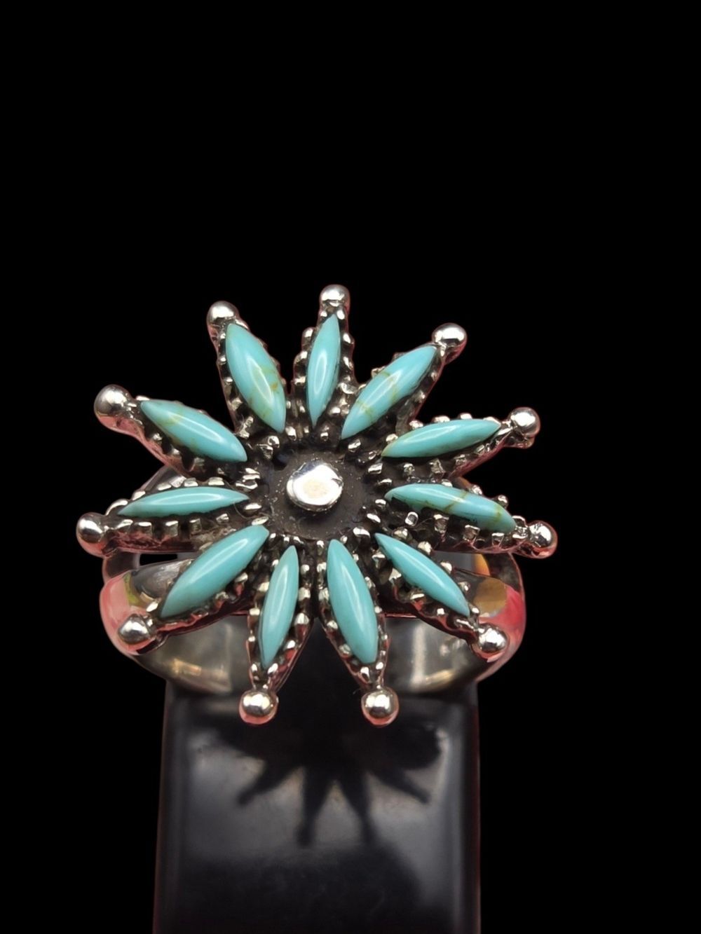 Southwest Sterling Silver Turquoise Petit Point Sunburst Ring Size 5.75